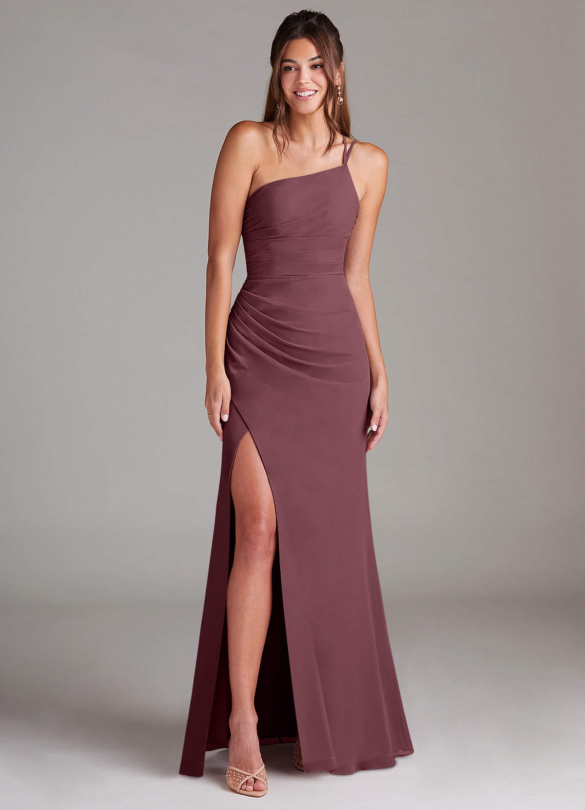 Azazie Eren Jurken voor bruidsmeisjes Jurk van Chiffon met Kolom One-Shoulder Sangria image2