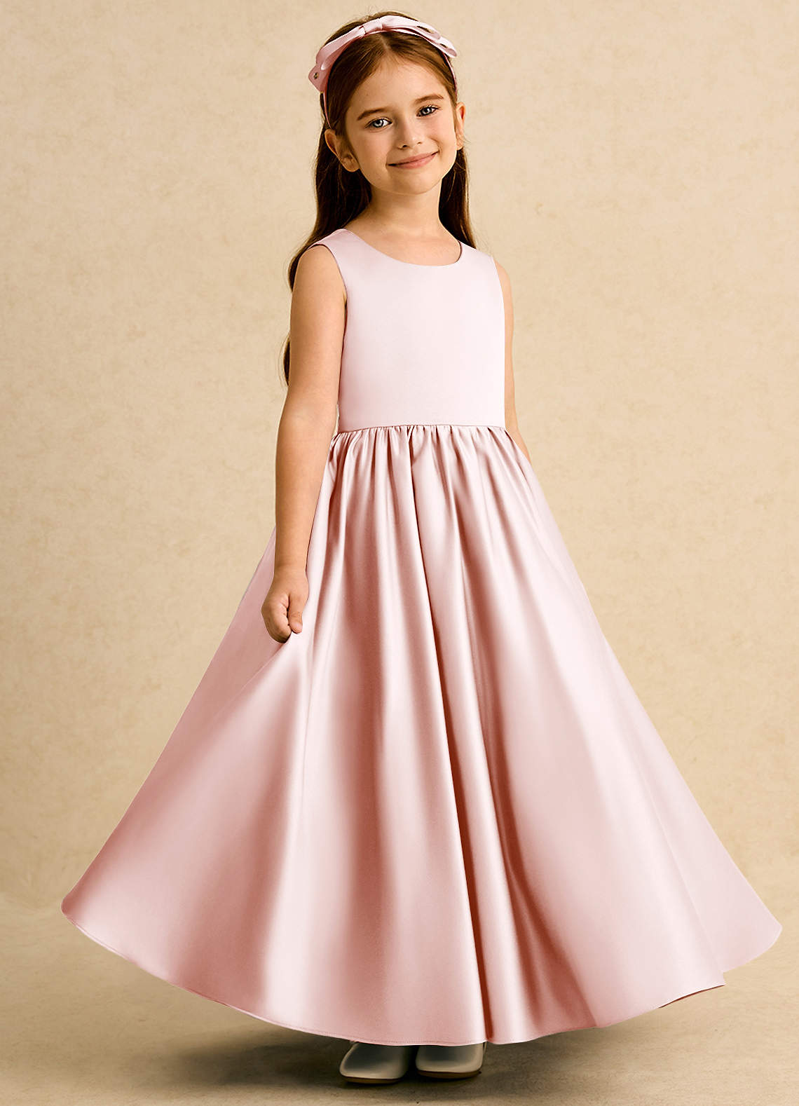Azazie Nellia Flower Girl Dresses Blushing Pink A-Line Bow Matte Satin Dress image3