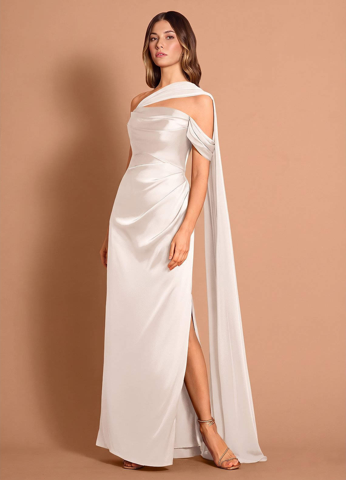 Azazie Maxi Dresses Column Wedding Guest Formal Black Tie Dresses Asymmetrical Cream