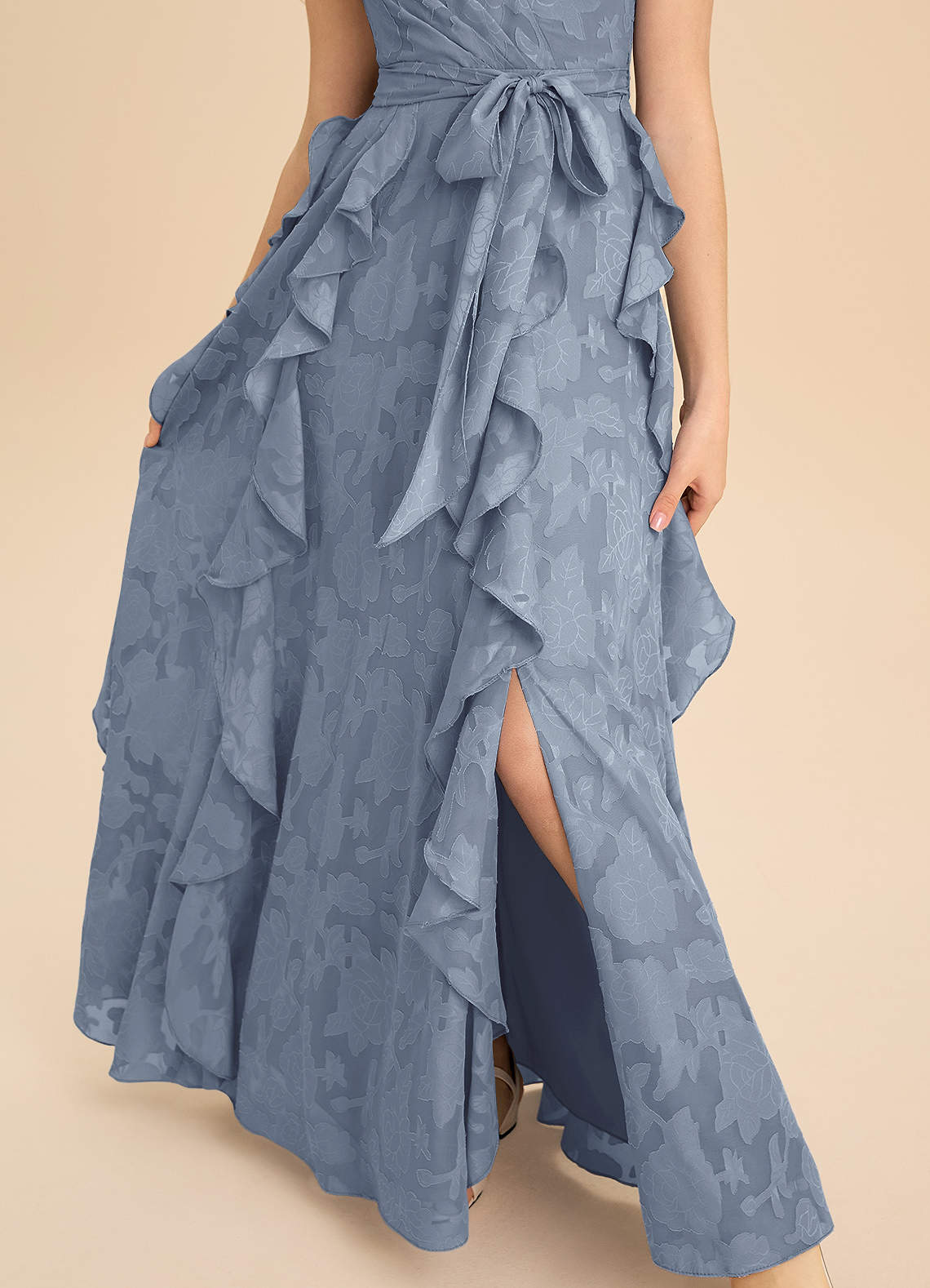 Azazie Peyton Junior Dusty Blue A-Line Pleated Floral Burnout Dress image7