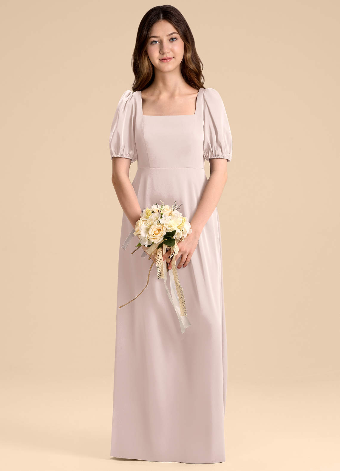 Azazie Briar Junior Vestido de Rosa Rubor de Satén Elástico de Corte en A con Lazo image1