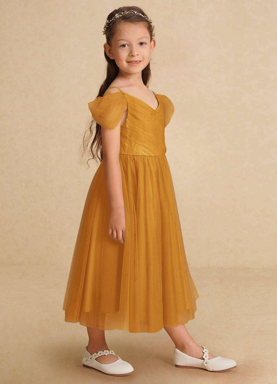 Azazie Lizzette Flower Girl Dresses Butterscotch A-Line Ruched Tulle Dress image1