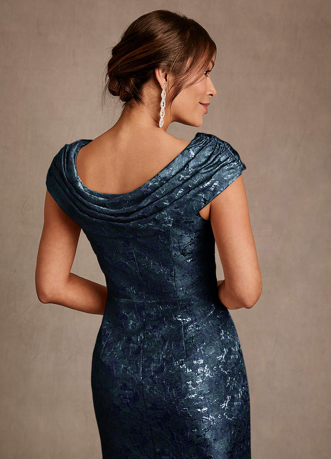Azazie Irvine Mother of the Bride Dresses Dark Navy A-Line Pleated Floral Jacquard Dress image5