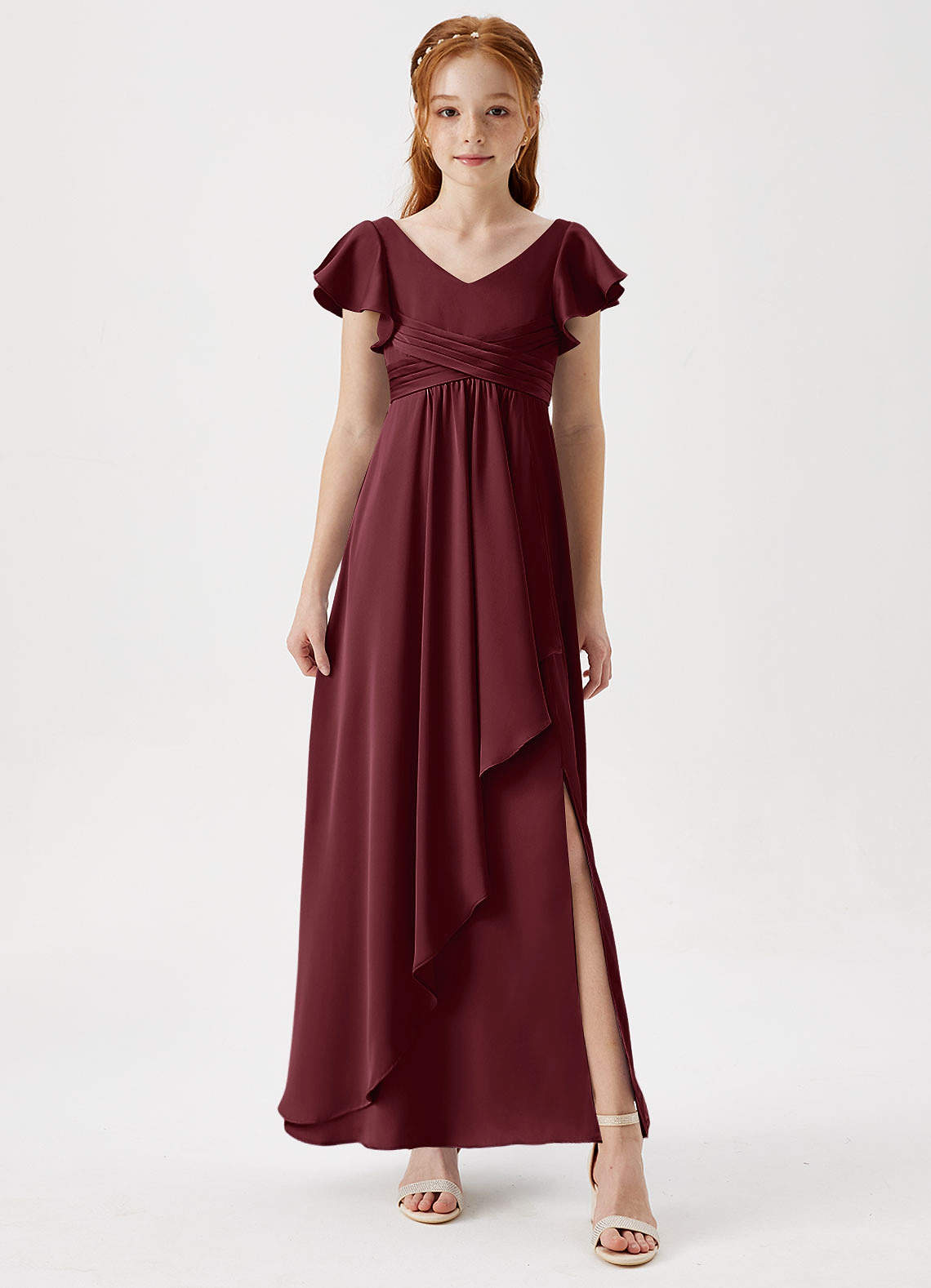 Azazie Omari Junior Cabernet A-Line Pleated Stretch Satin Dress image3