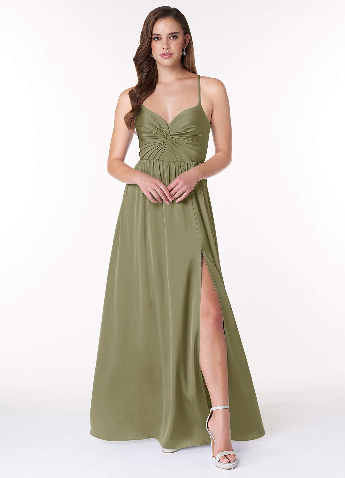 Azazie Raya Bridesmaid Dresses Pistachio A-Line V-Neck Pleated Stretch Satin Dress image1