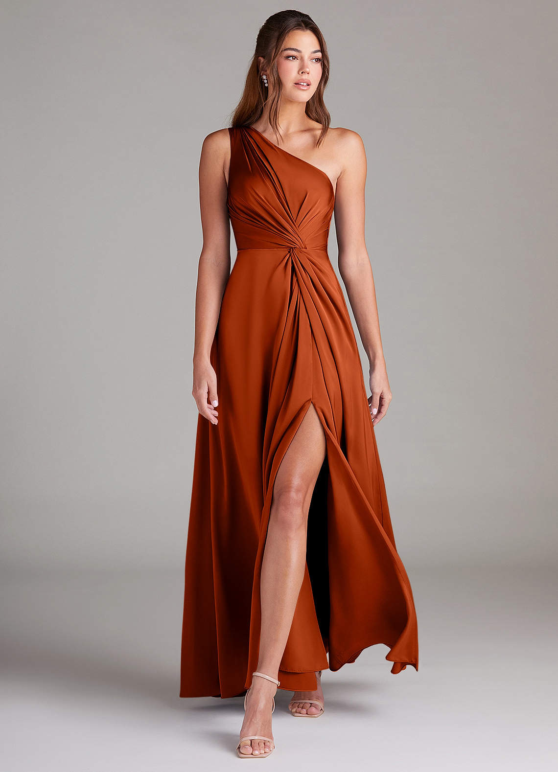 Azazie Brooke Jurken voor bruidsmeisjes Jurk van Stretch Satijn met A-Lijn One-Shoulder Paprika image2