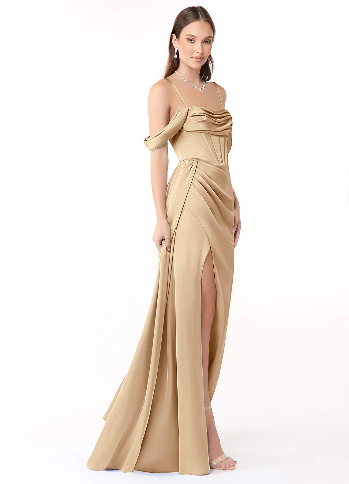 Azazie Amyra Bridesmaid Dresses Champagne Sheath Convertible Stretch Satin Dress image5