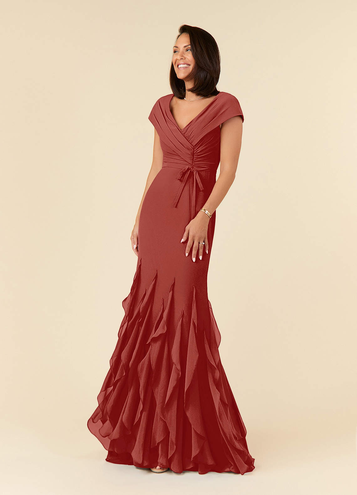 Azazie Bailora Abiti per la Madre della Sposa Abito Sirena in Chiffon Increspato Terracotta image1
