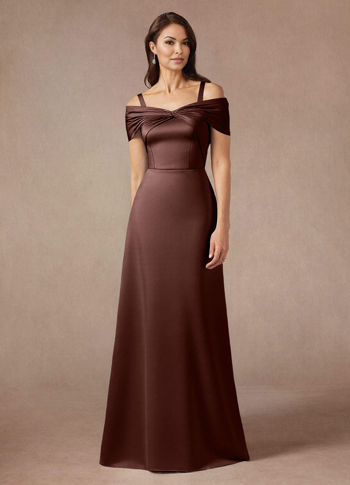 Azazie Amelia Mother of the Bride Dresses Espresso A-Line Off the Shoulder Stretch Satin Dress image1