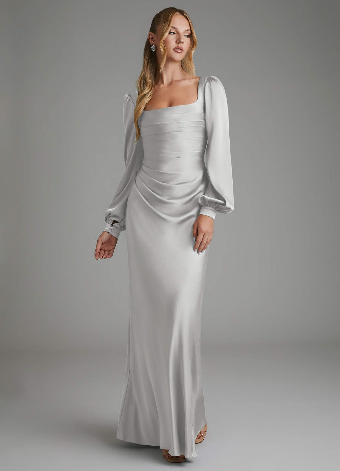azazie silver bridesmaid dress Mermaid Square Neck Long Sleeve Floor-Length Stretch Satin Dresses model:Sasha Boho Me Open Back Size:Large/16-16.5 Neck/34-35 Sleeve with discreet pockets for