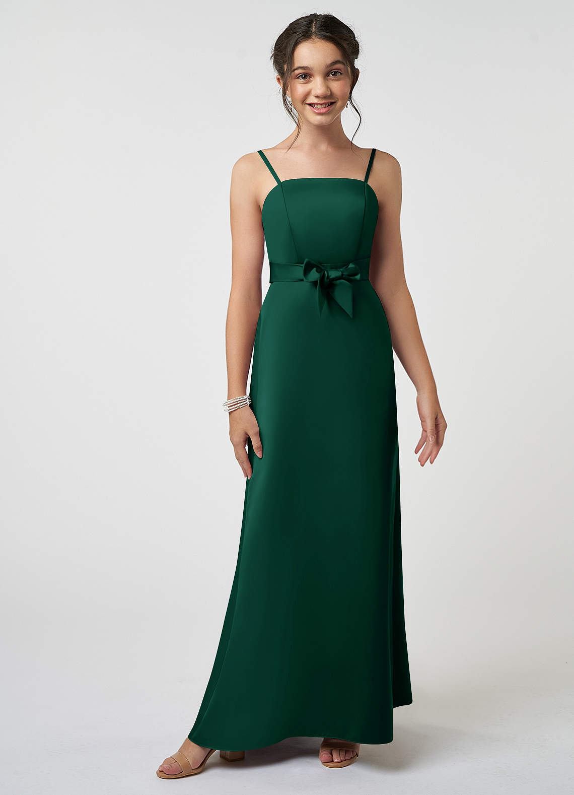 Azazie Anina Junior Robe Trapèze en Satin extensible Arc émeraude image1