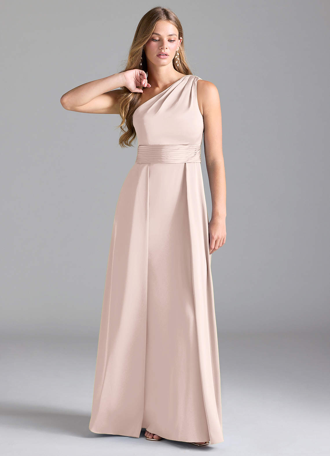 Azazie Dallas Bridesmaid Dresses Blushing Pink A-Line One Shoulder Stretch Satin Dress image1