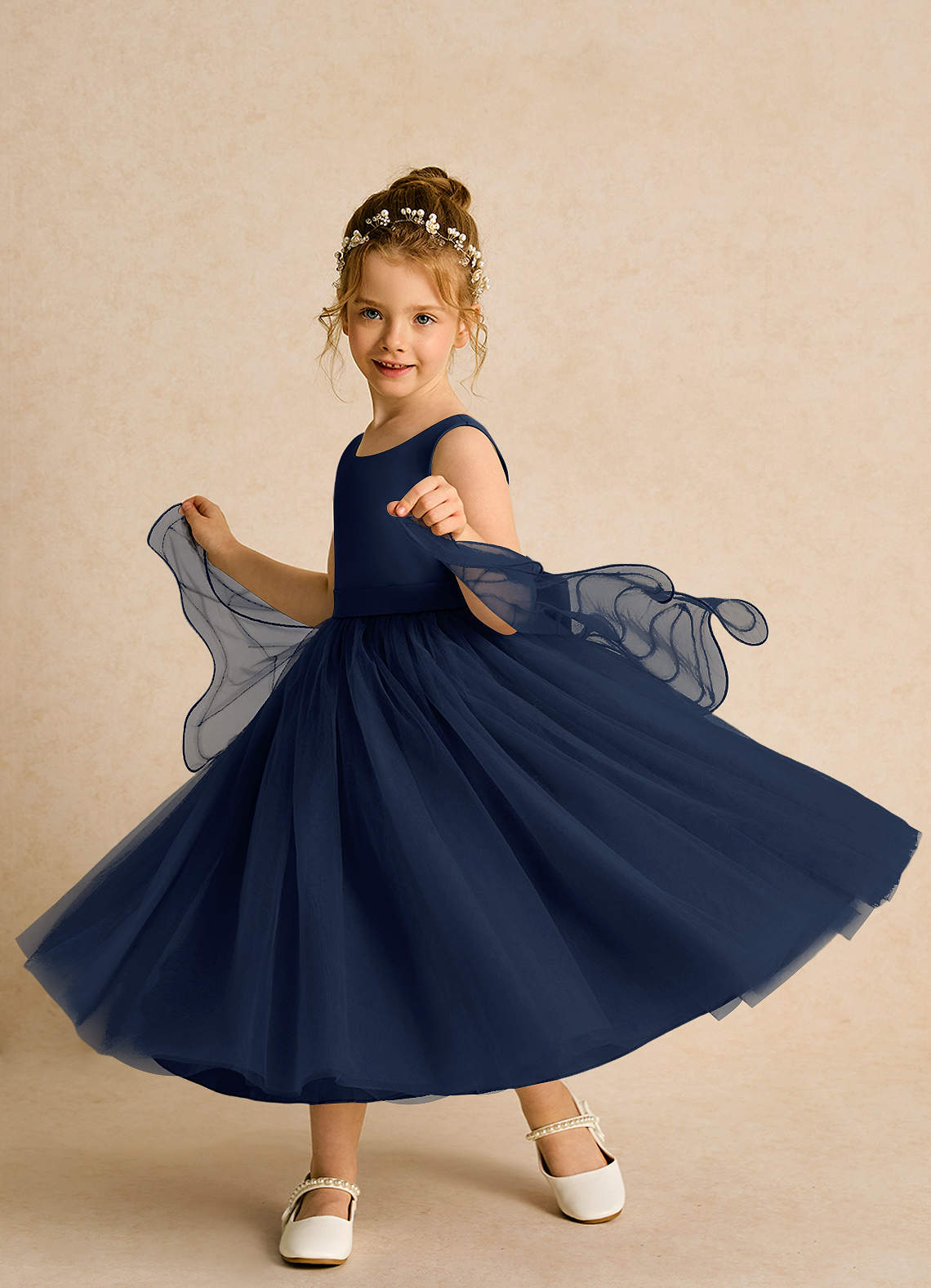 navy blue childrens dresses Laura Lace Designer Girls Dress lightweight fabric Azazie Ball-Gown Scoop Neck Tea-Length