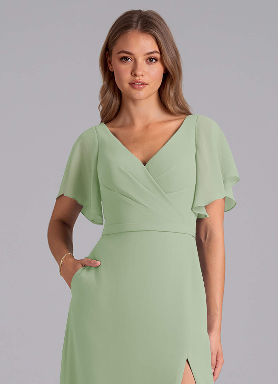 Azazie Ambrosia Bridesmaid Dresses Dusty Sage A-Line Pleated Chiffon Dress image1