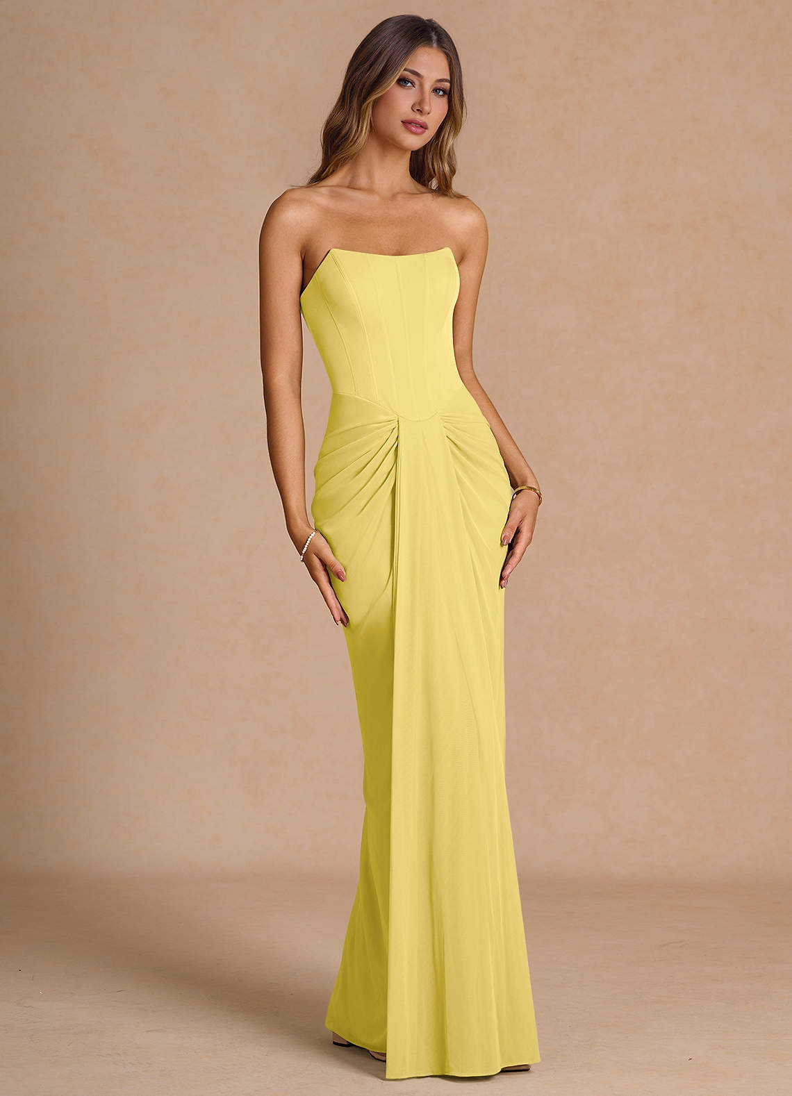 Azazie Strapless Column Floor-Length Maxi Wedding Guest Formal Dresses in Pastel Yellow Azazie Strapless Column Floor-Length Maxi Wedding Guest Formal Dresses in Pastel Yellow