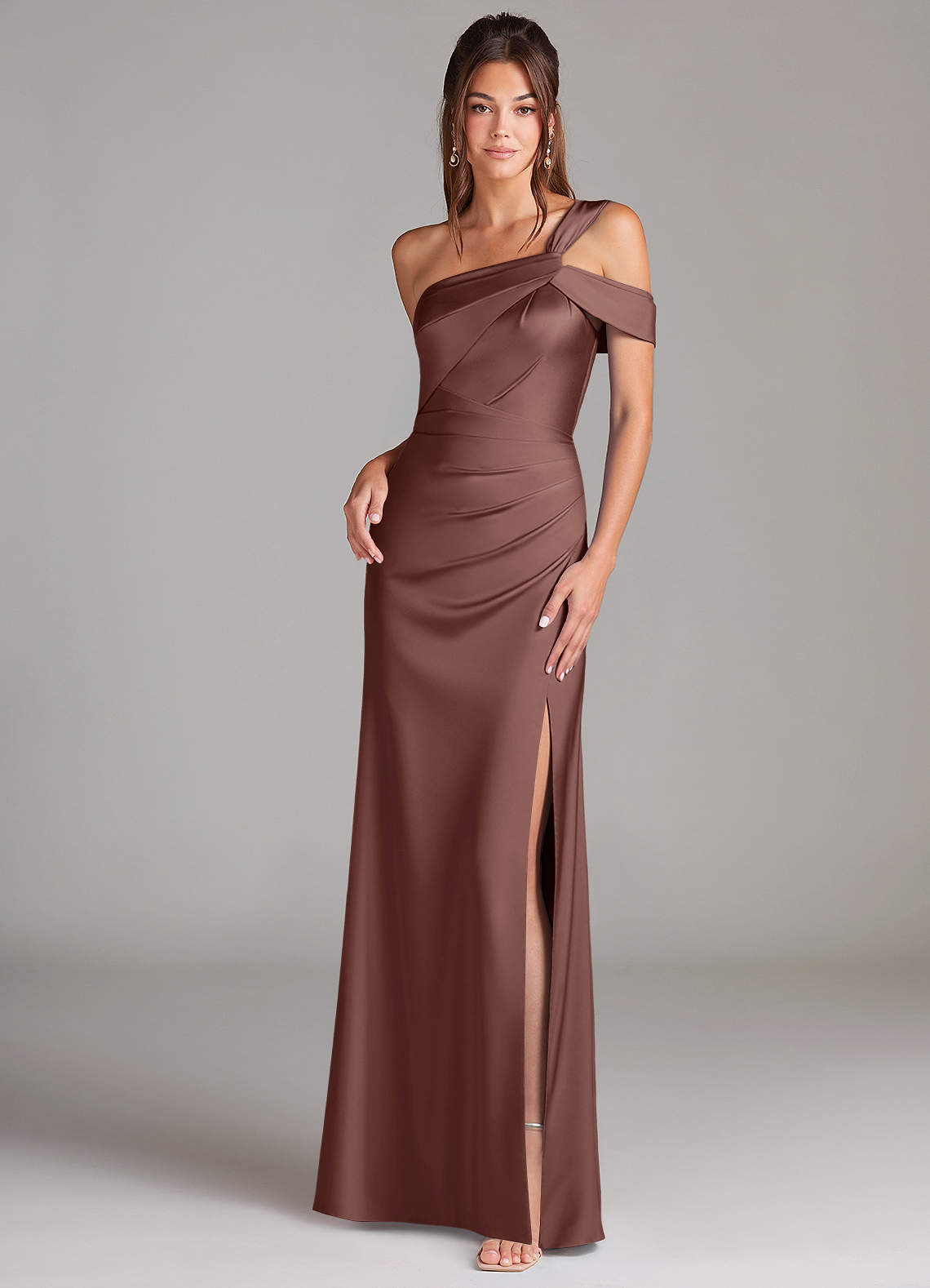 Azazie Wynter Bridesmaid Dresses Espresso Sheath Off the Shoulder Stretch Satin Dress image1