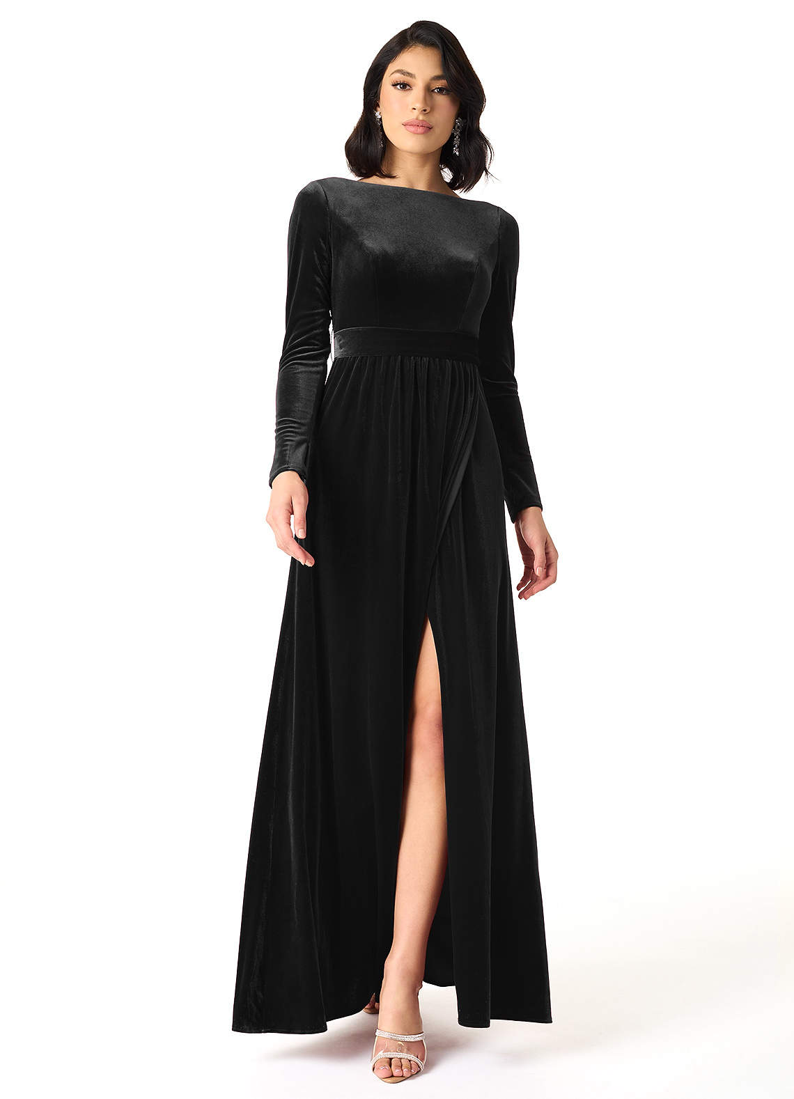 chinese dress ladies Ellis Trendy Short Sleeves Slit Long Velvet Bridesmaid Dresses, Black main image 1