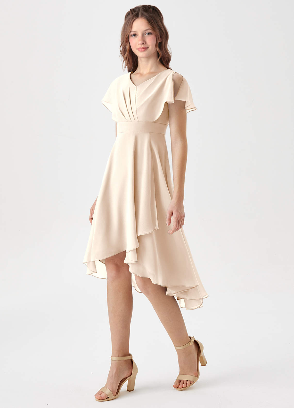 Azazie Graciela Junior White Alabaster A-Line Pleated Chiffon Dress image1
