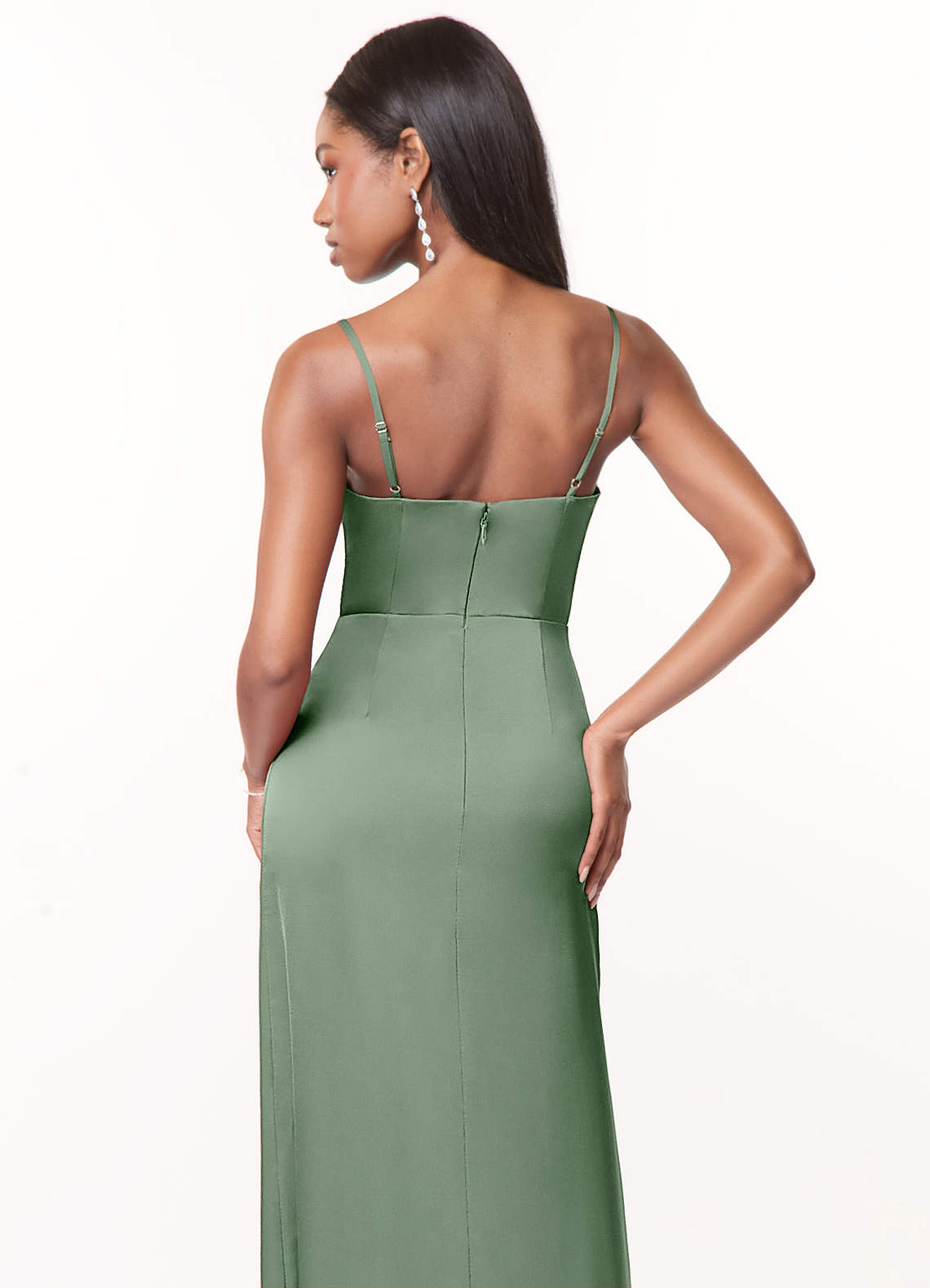 Azazie Maci Bridesmaid Dresses Matcha A-Line V-Neck Pleated Stretch Satin Dress image3
