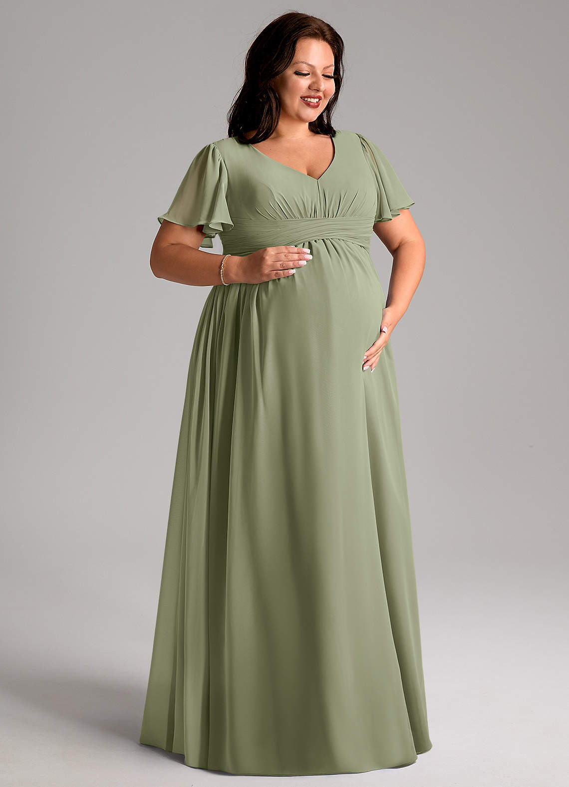 Azazie Verna Kleider zum Anprobieren zu Hause A-Linie V-Hals Gerüscht Chiffon Bodenlänge Kleid image9