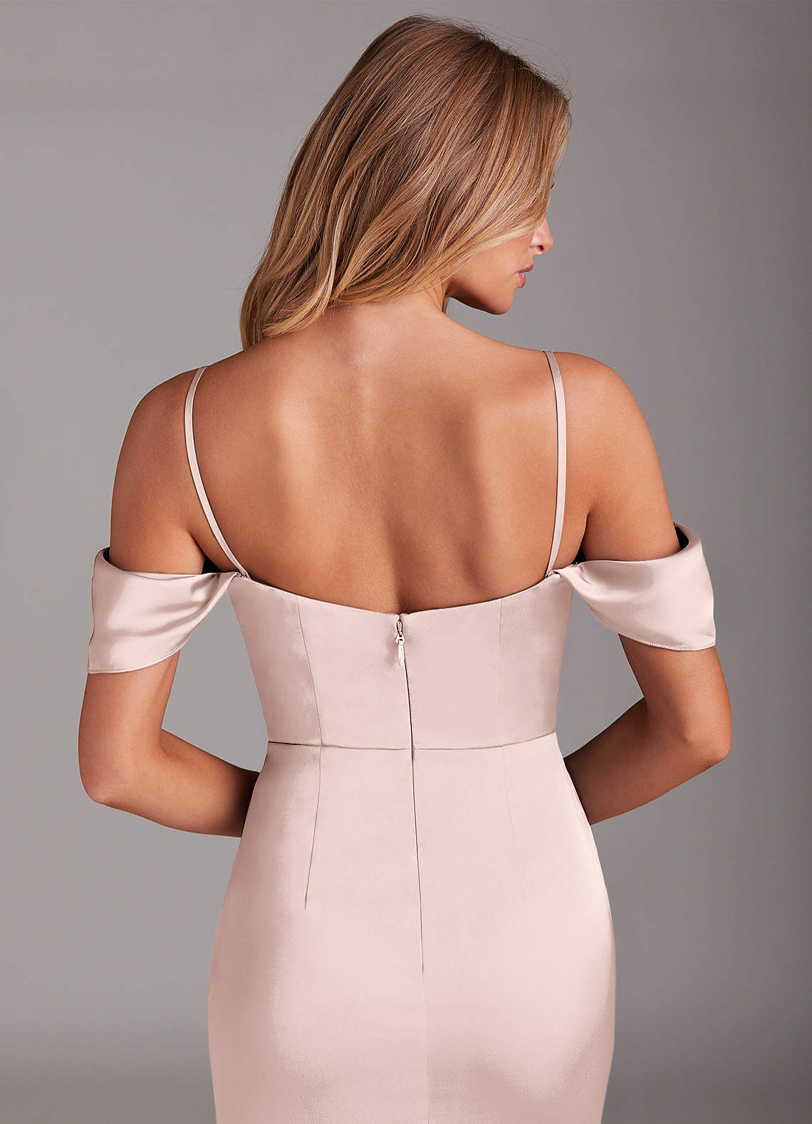 Azazie Saige Bridesmaid Dresses Blushing Pink Sheath Off the Shoulder Stretch Satin Dress image7