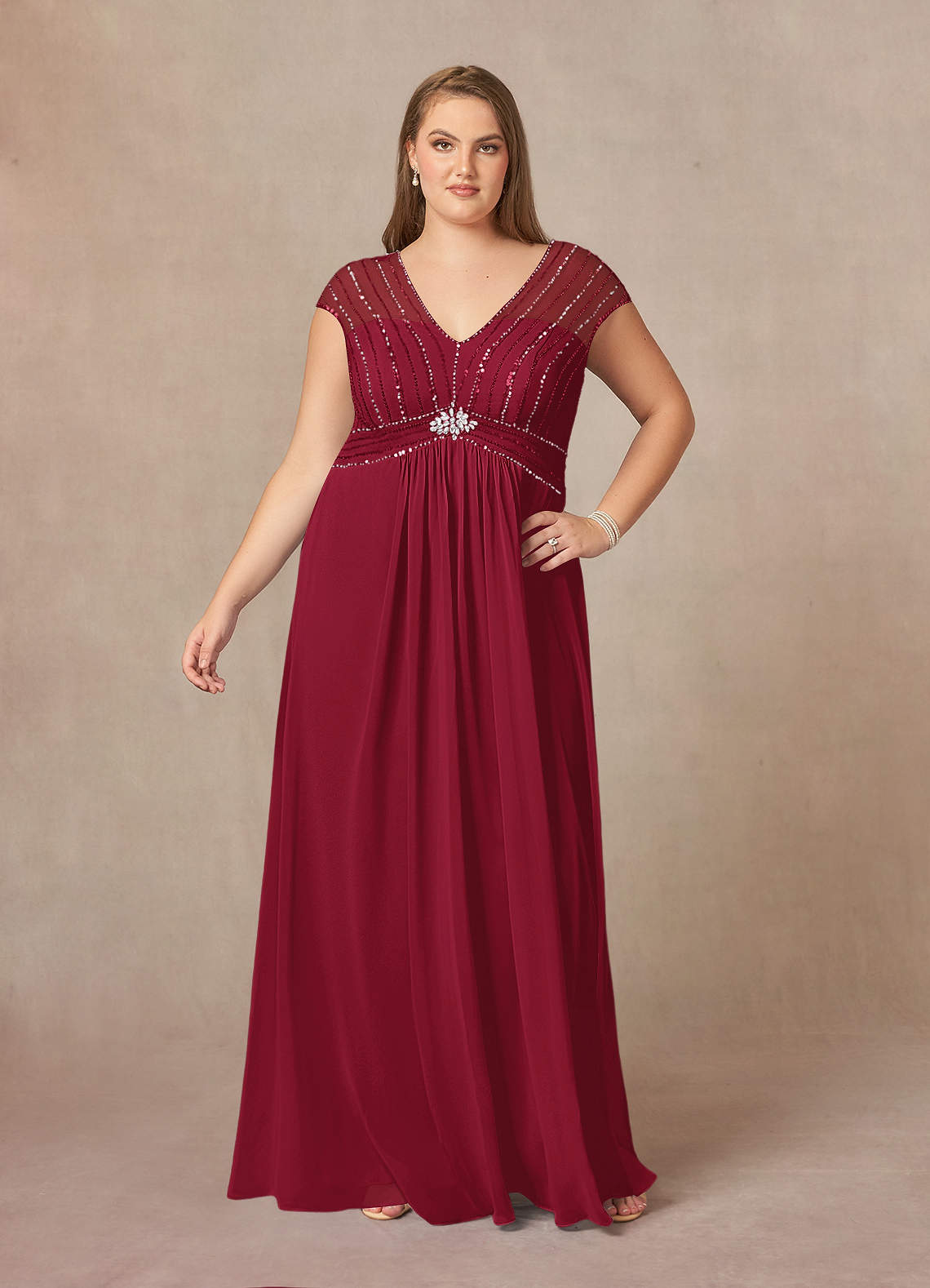 Azazie Star Mother of the Bride Dresses Burgundy A-Line V-Neck sequins Chiffon Dress image1