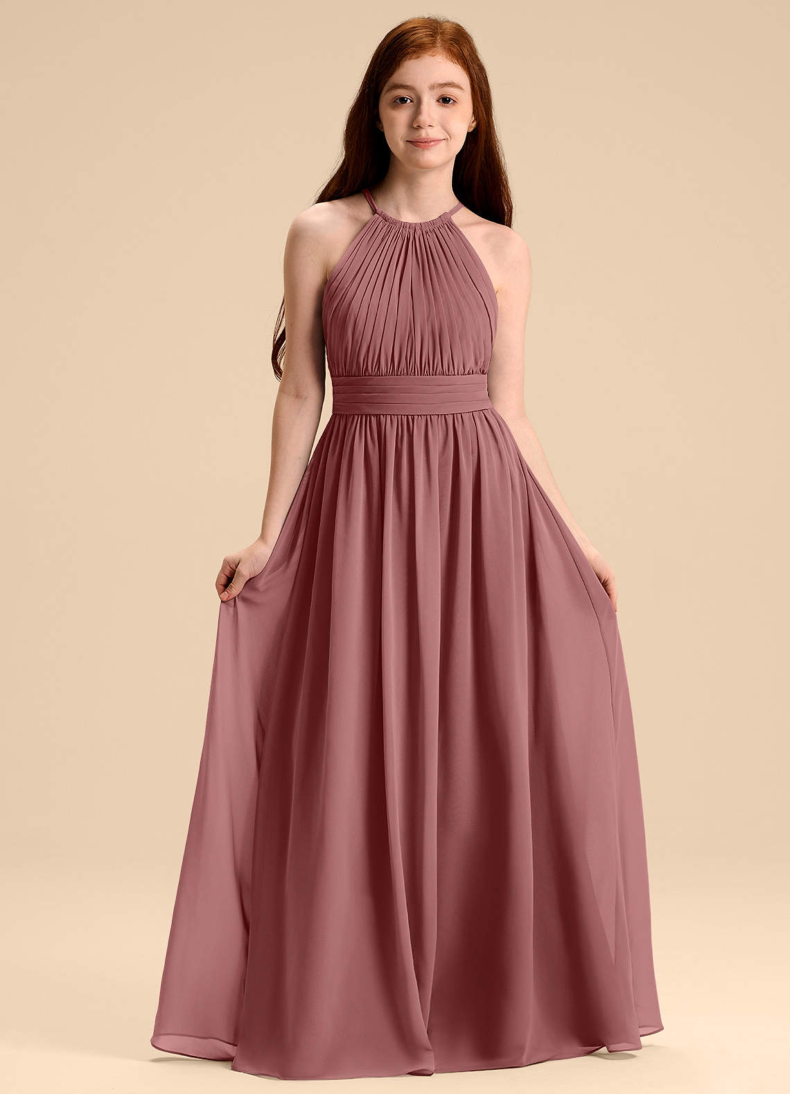 desert rose junior bridesmaid dresses A-Line One Shoulder Ruched Long Chiffon Junior Bridesmaid Dresses