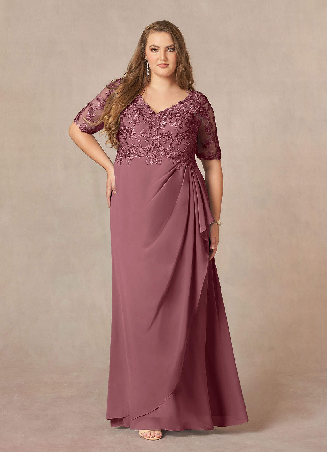Azazie Amedeus Mother of the Bride Dresses Desert Rose A-Line V-Neck Lace Chiffon Dress image1
