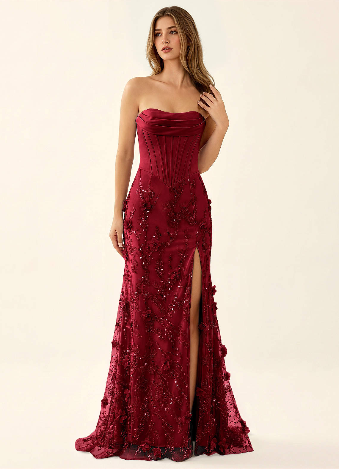 Iliana Burgundy 3D Flower Beaded Corset Dress | Azazie CA