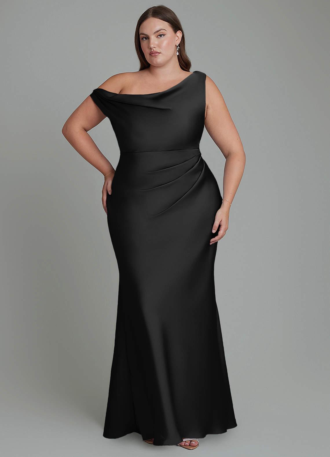 Azazie Emerson Bridesmaid Dresses Black Mermaid Off the Shoulder Stretch Satin Dress image1