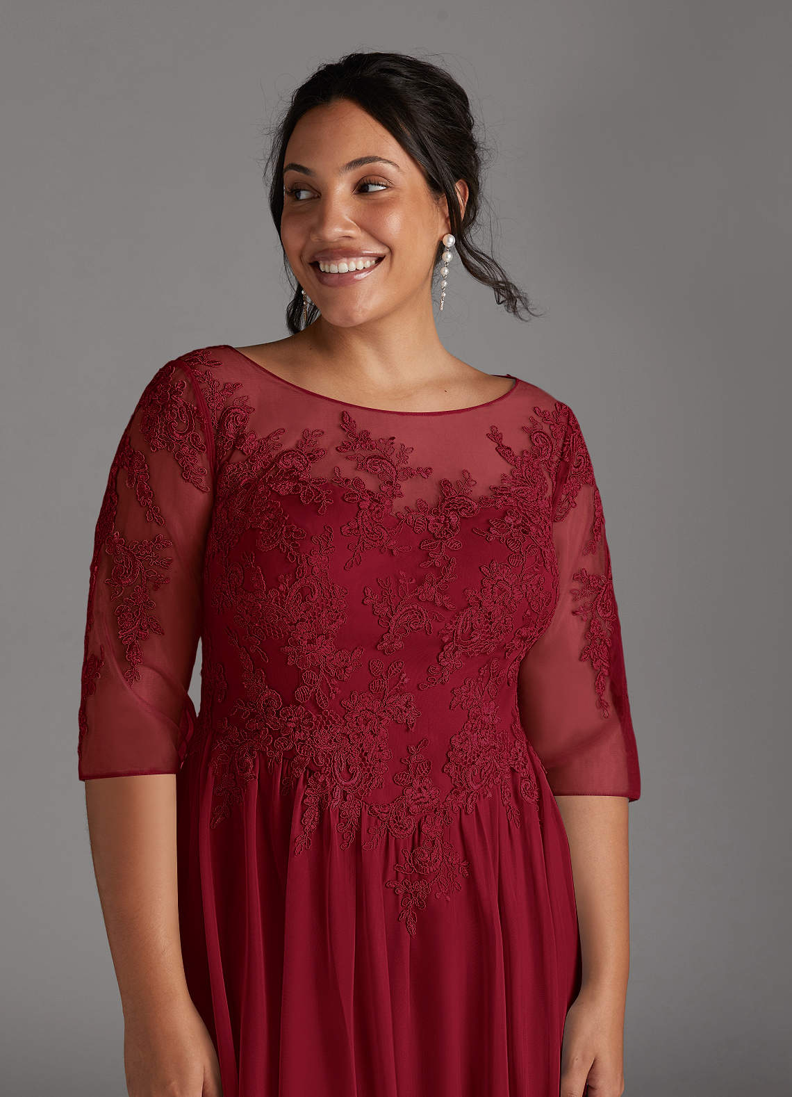 Azazie Harriet Burgundy A-Line Scoop lace Mesh Dress | Azazie Azazie Harriet Burgundy A-Line Scoop lace Mesh Dress | Azazie
