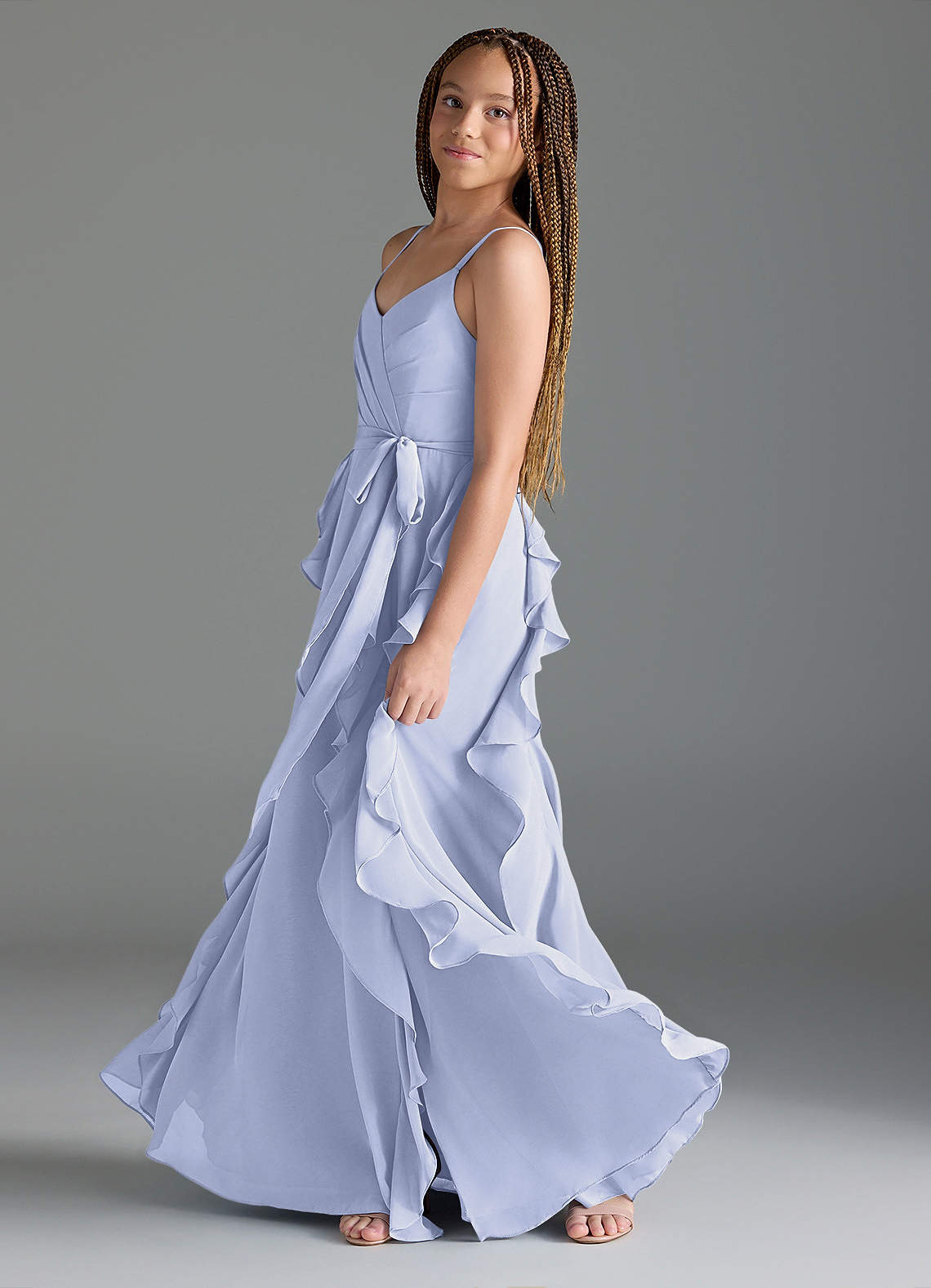 Azazie Peyton Junior Abito A-Line in Chiffon con Volant a cascata e Scollo a V Lavanda image3