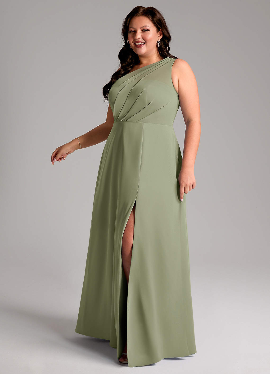 Azazie Phaedra Vestidos de madrinha de casamento Vestido Pistache de Chiffon de Linha A com Um ombro image5