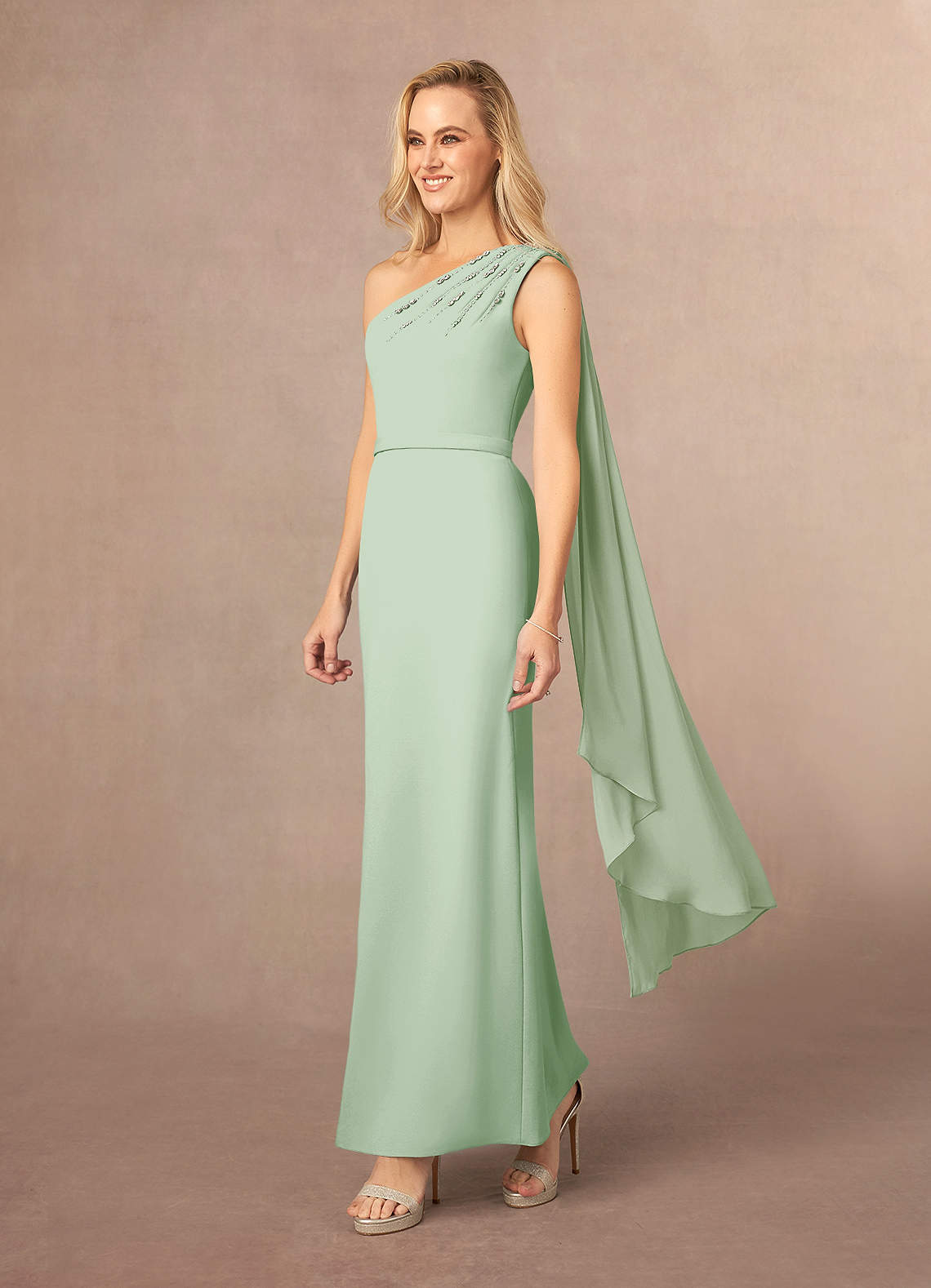 Azazie Gianna Venta Final Vestido de Salvia Polvorienta de Crepé elástico con Hombro unilateral image1