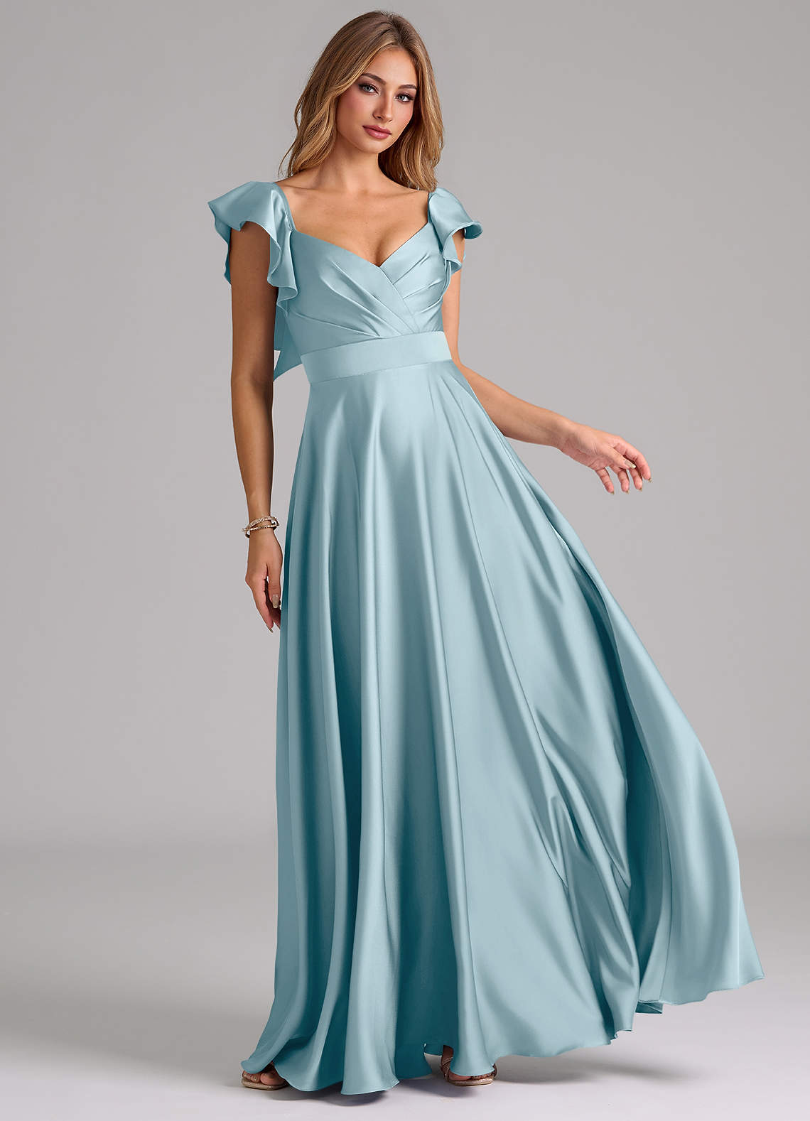 Azazie Leilani Vestidos de damas de honor Vestido de Azul Malhumorado de Satén Elástico de Corte en A con Volante image1