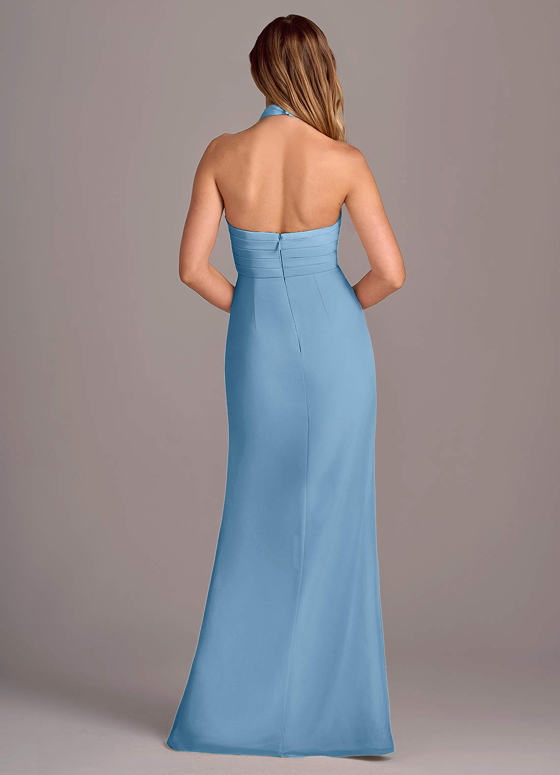 Azazie Jemma Jurken voor bruidsmeisjes Jurk van Chiffon met Kolom Geplooide Staal Blauw image1