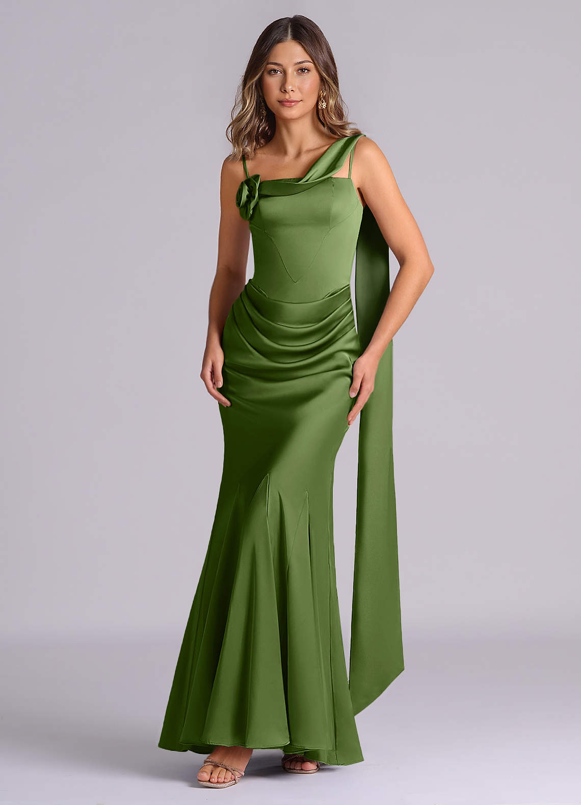 Azazie Mermaid Cowl Floor-Length Stretch Satin Bridesmaid Dresses - Juniper