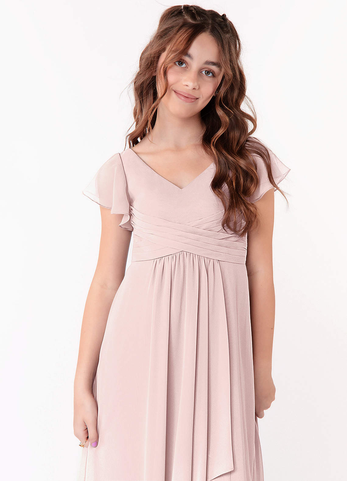 Azazie Omari Junior Blushing Pink A-Line Ruched Chiffon Dress image3