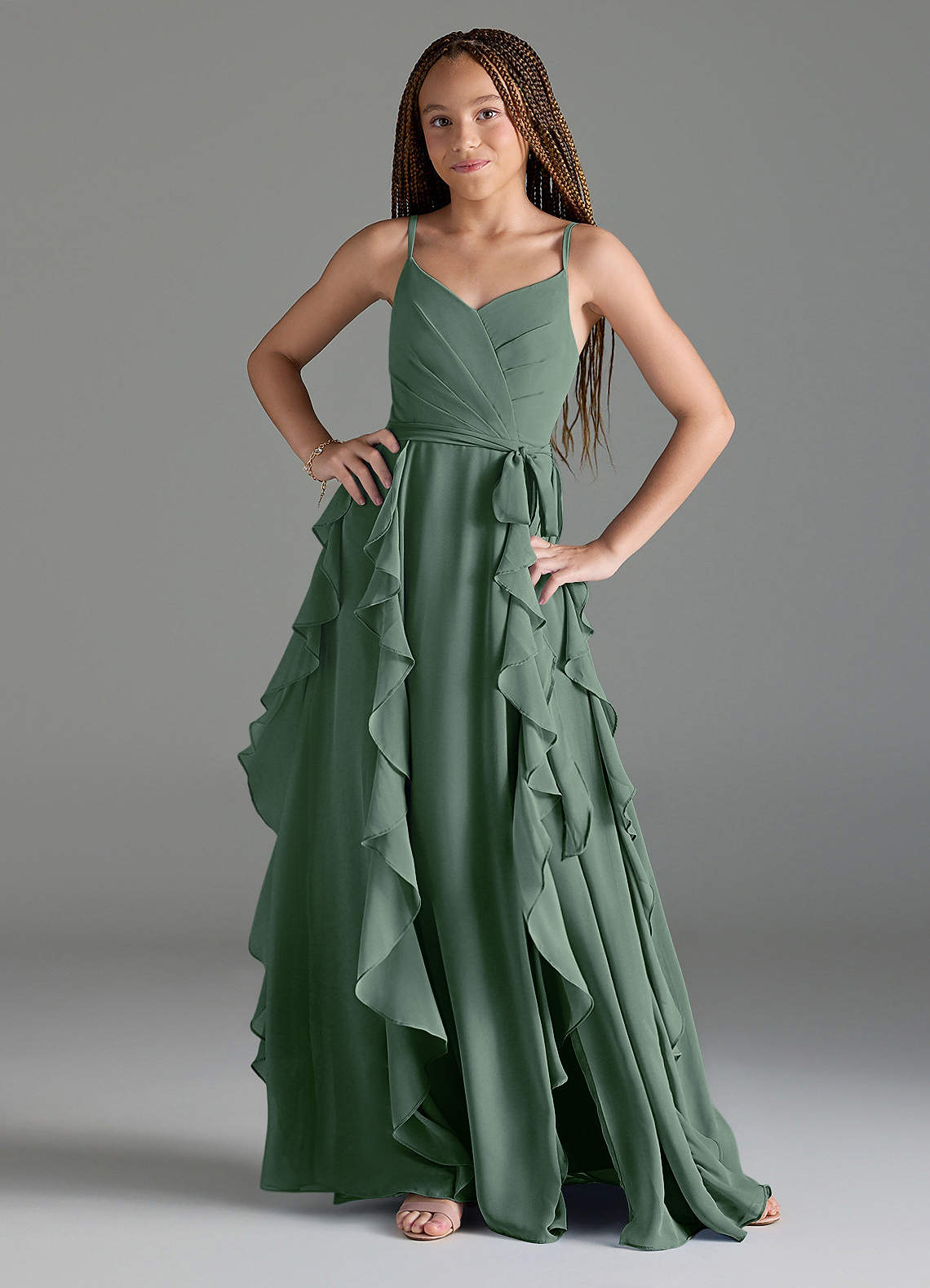Azazie Peyton Junior Eucalyptus A-Line V-Neck Cascading Ruffles Chiffon Dress image1