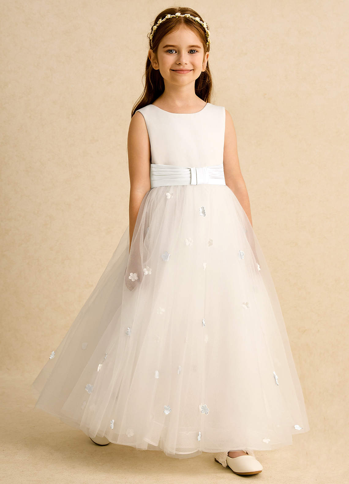 Azazie Cricket Flower Girl Dresses Ivory Ball-Gown Pleated Matte Satin Dress image2