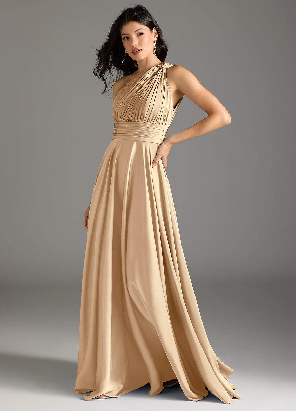 Azazie Charlize Bridesmaid Dresses Champagne A-Line One Shoulder Stretch Satin Dress image3