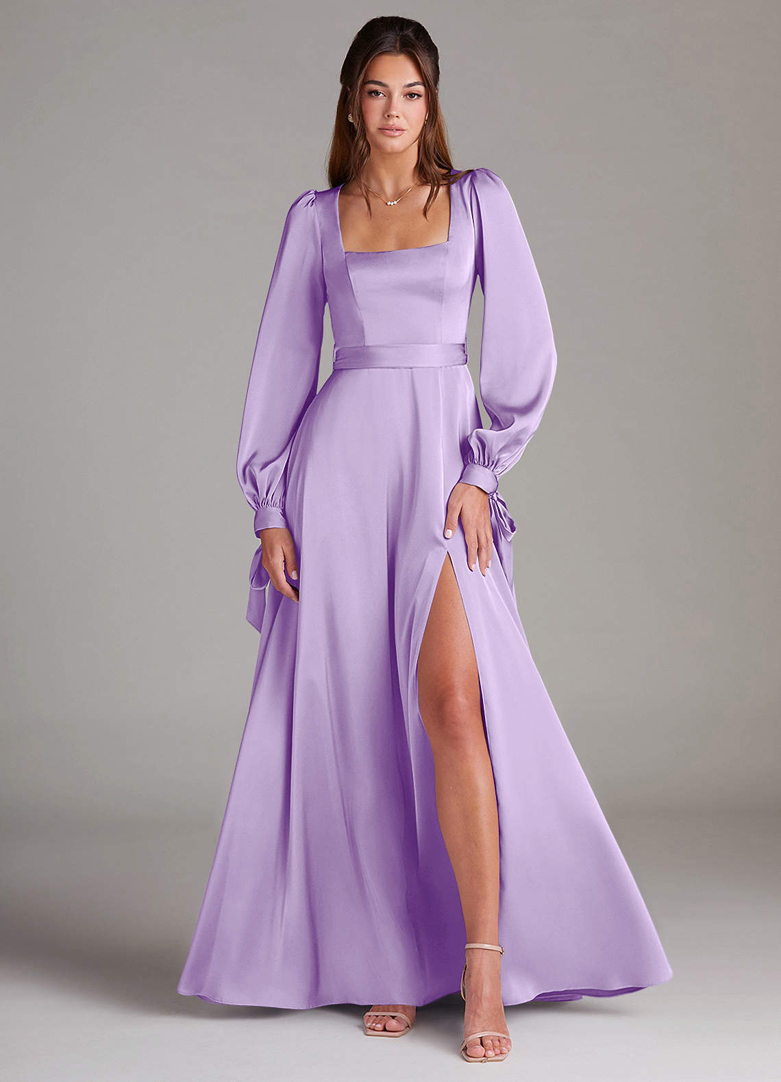 Azazie Leonia Bridesmaid Dresses Lilac A-Line Long Sleeve Stretch Satin Dress image1