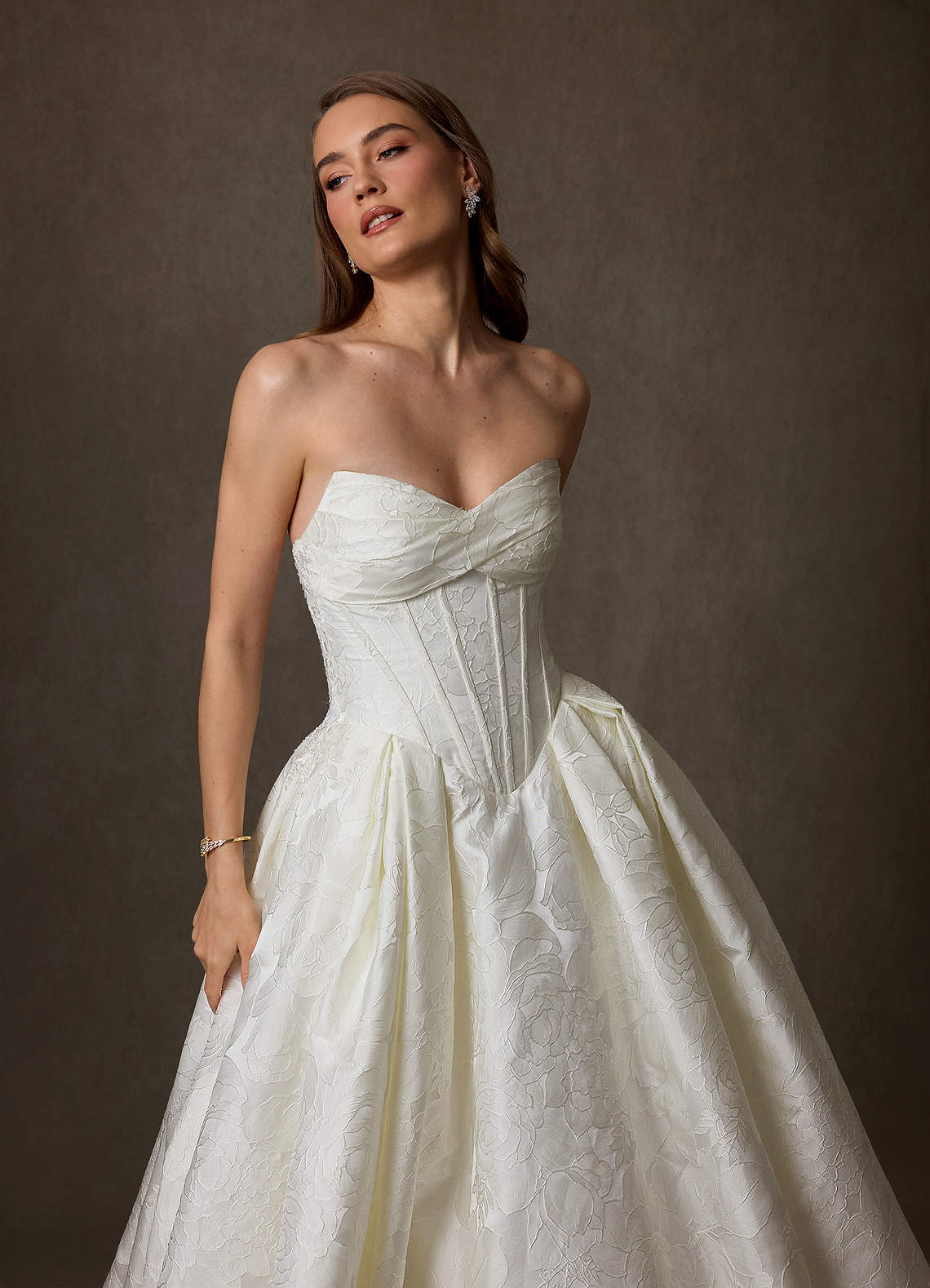 Azazie Genevieve At-home Try On Dresses Antique White Ball-Gown Strapless Floral Jacquard Dress image5