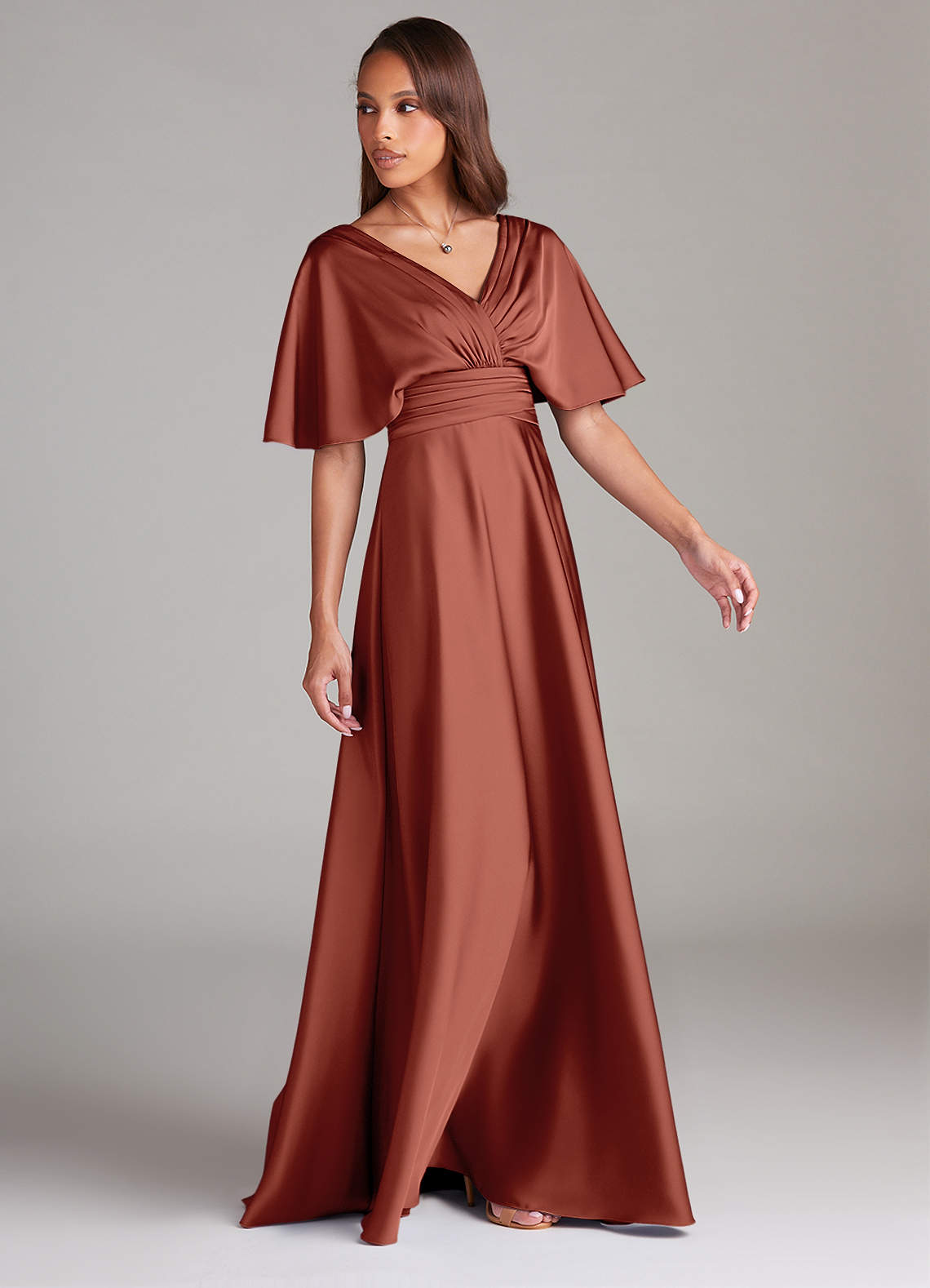 Azazie Pamela Robes de demoiselle d'honneur Robe Trapèze en Satin extensible Plissée Auburn image2