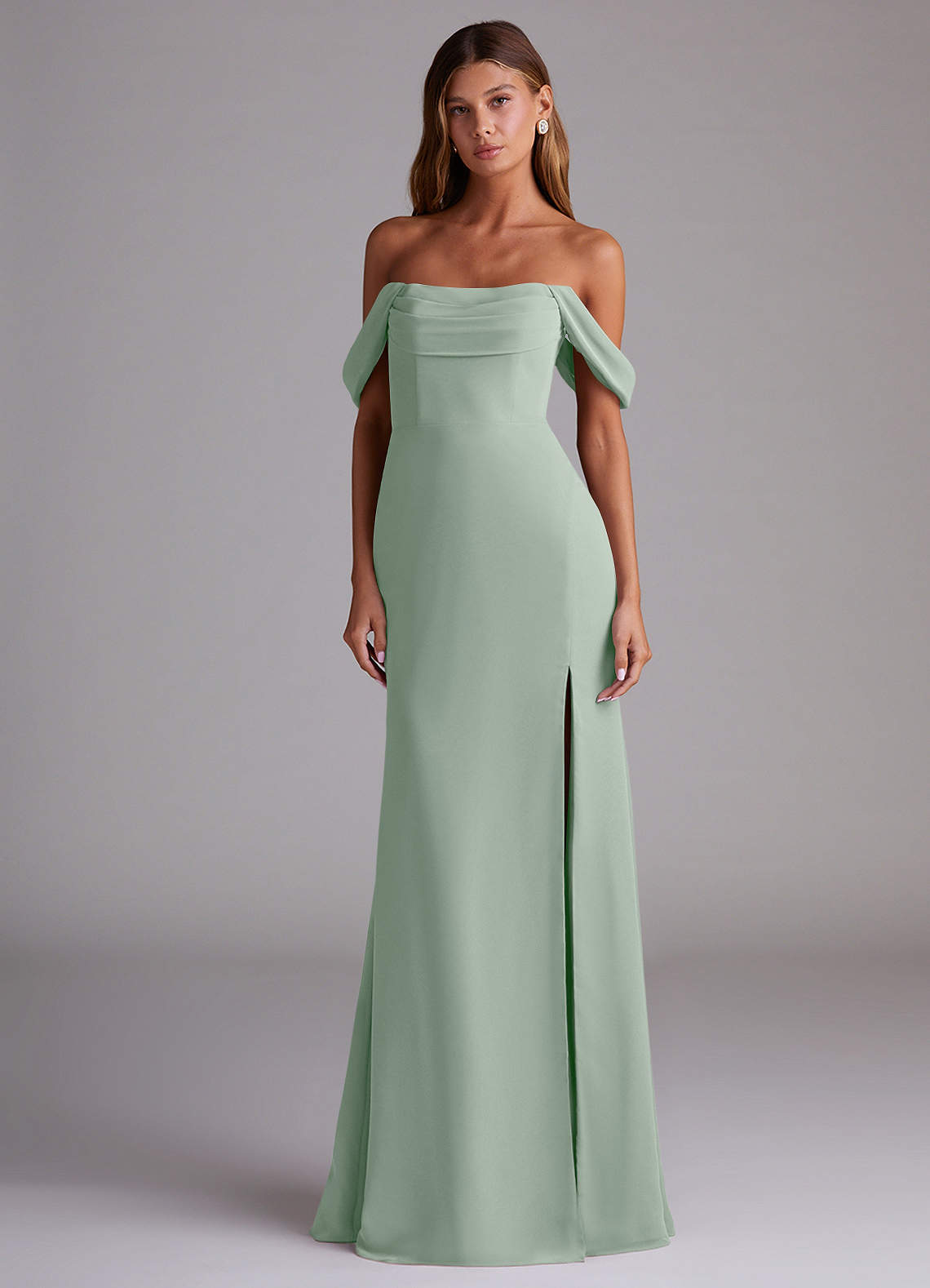 Azazie Saige Bridesmaid Dresses Agave A-Line Off the Shoulder Chiffon Convertible Dress image2