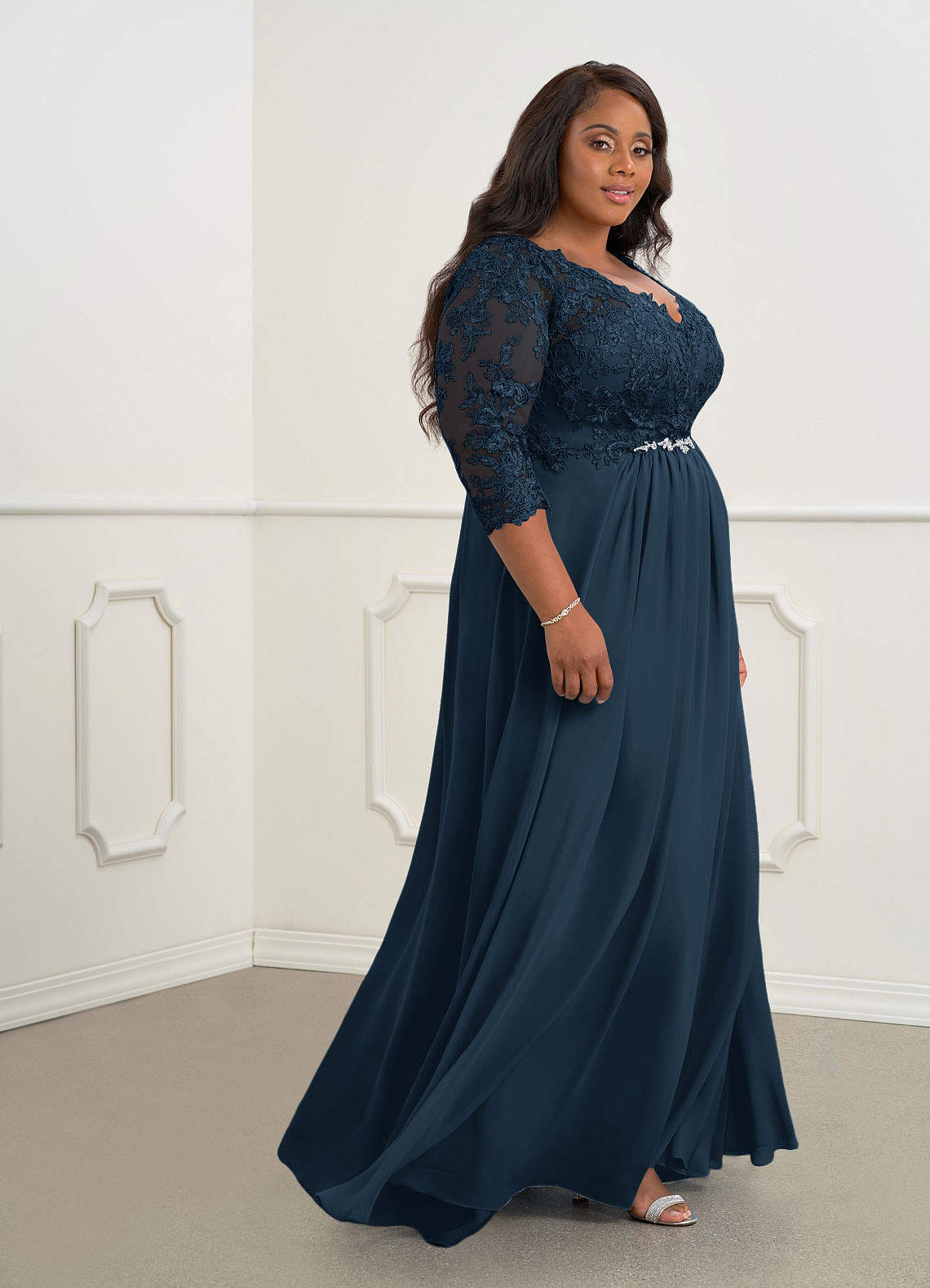 Azazie Hayek Dark Navy A-Line V-Neck Lace Chiffon Dress | Azazie