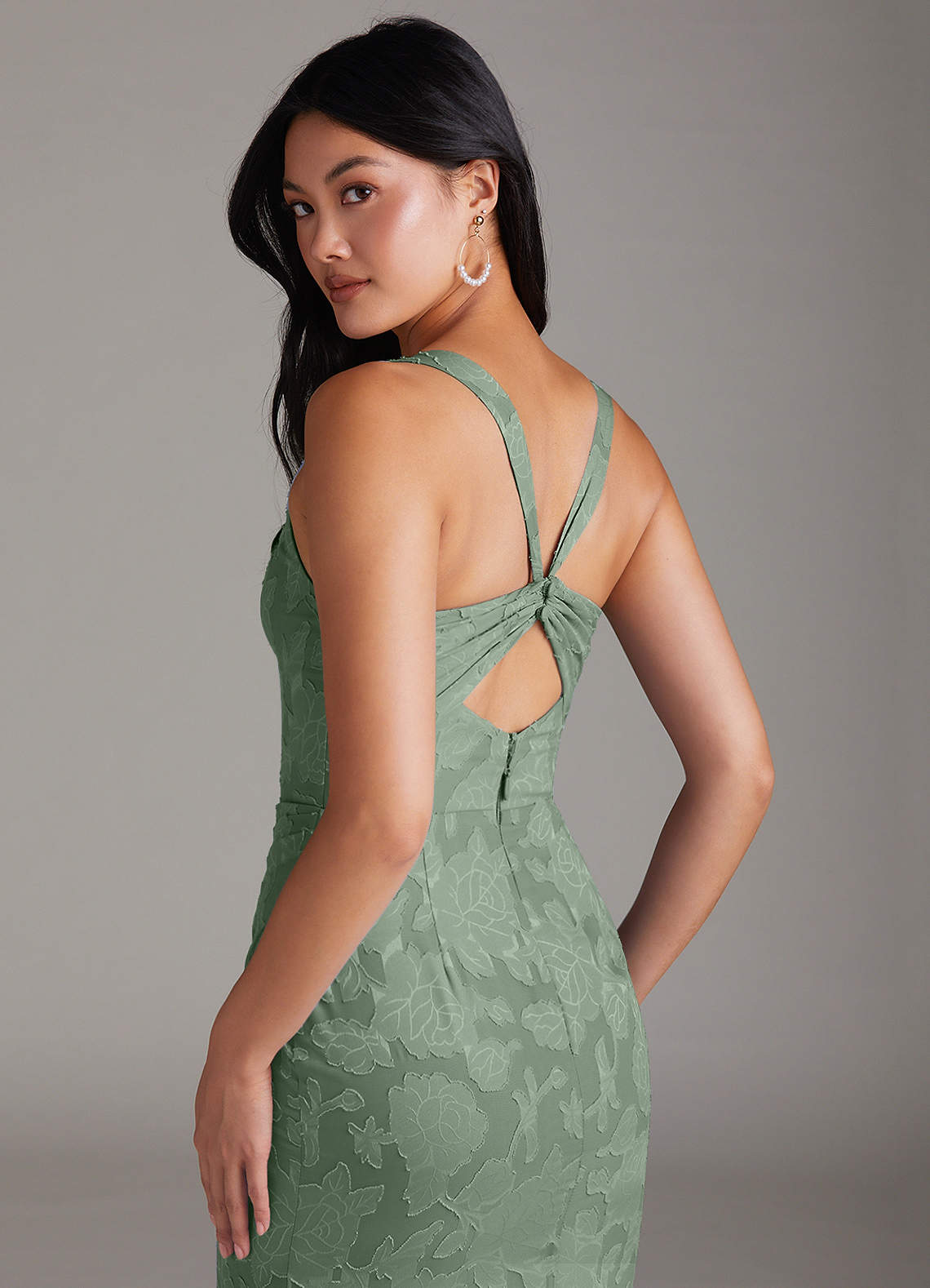 Azazie Mero Bridesmaid Dresses Matcha Sheath Pleated Floral Burnout Dress image4