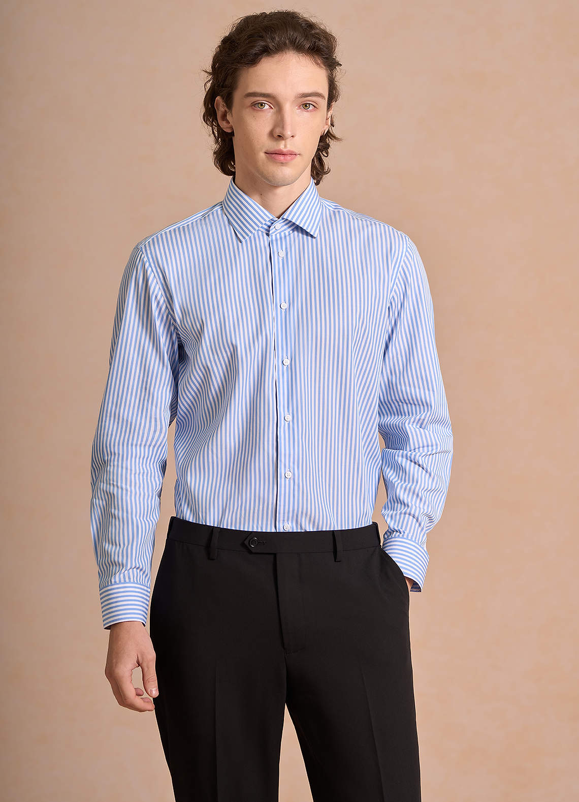 front Aiden White Pale Blue 100% Cotton Non-Iron Striped Dress Shirt