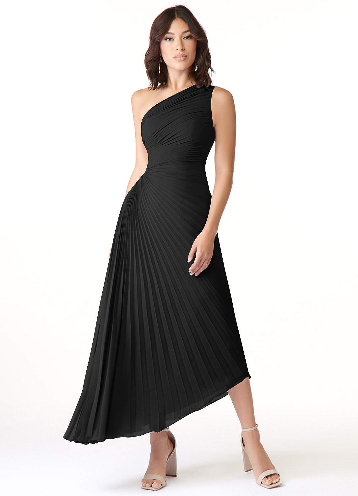 Azazie Kirra Bridesmaid Dresses Black A-Line One Shoulder Chiffon Dress image1