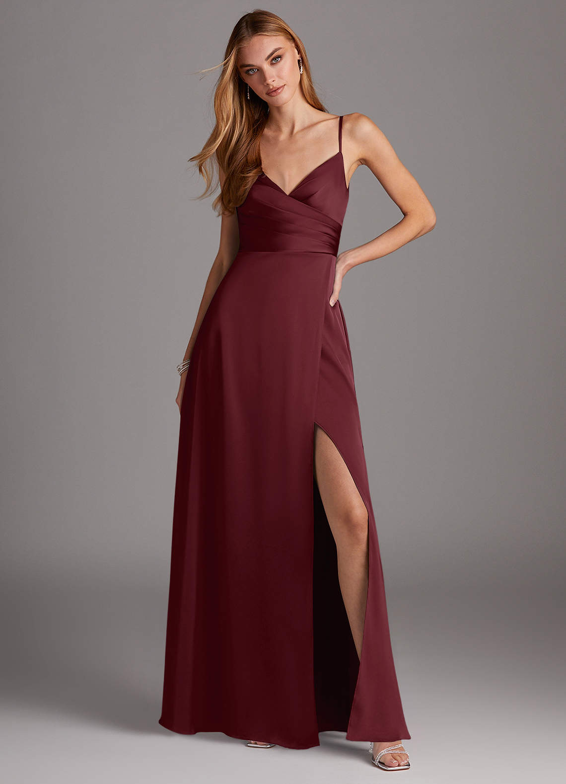 Azazie Calissa Ready to Ship Cabernet Stretch Satin Bridesmaid Dresses |  Azazie